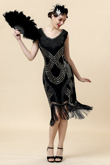 Preto Lantejoulas 1920s Vestido Com 20s Acessórios Set